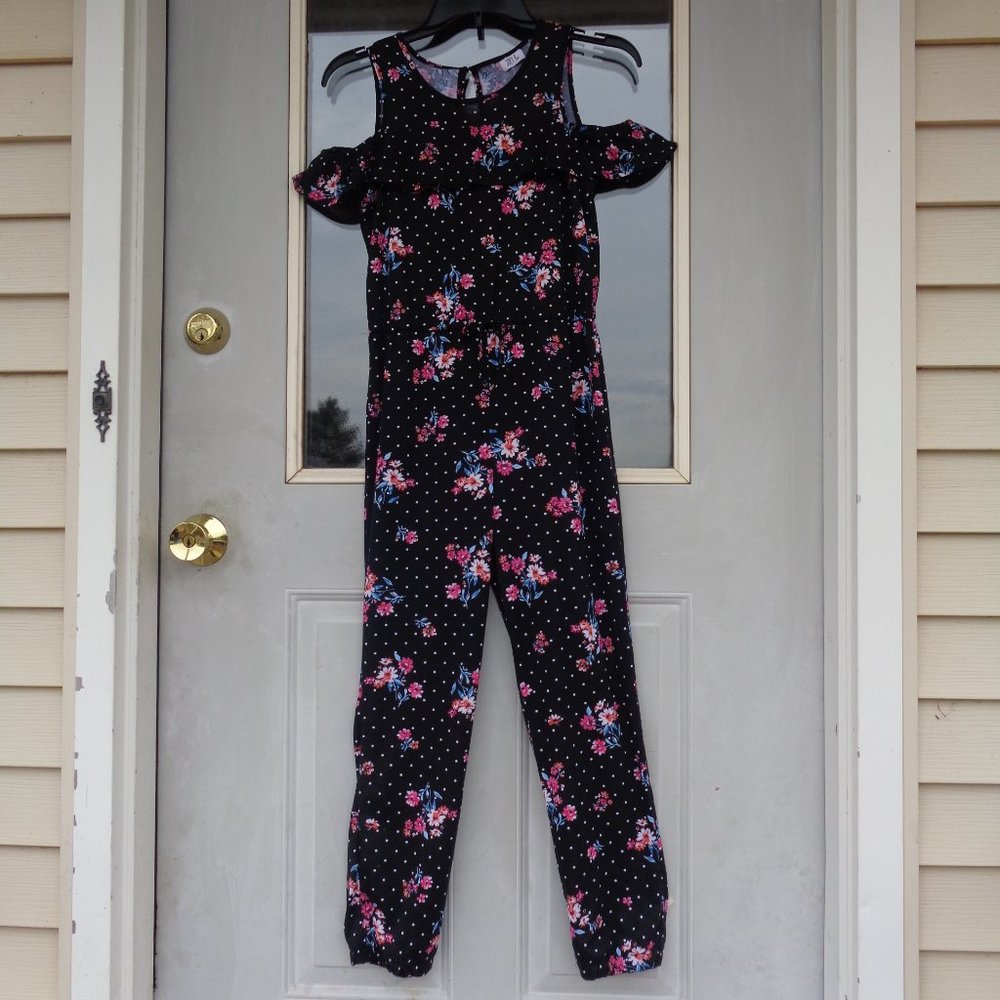 3/$18 Joey B Floral polka dot print cold shoulder jumpsuit boho girls L